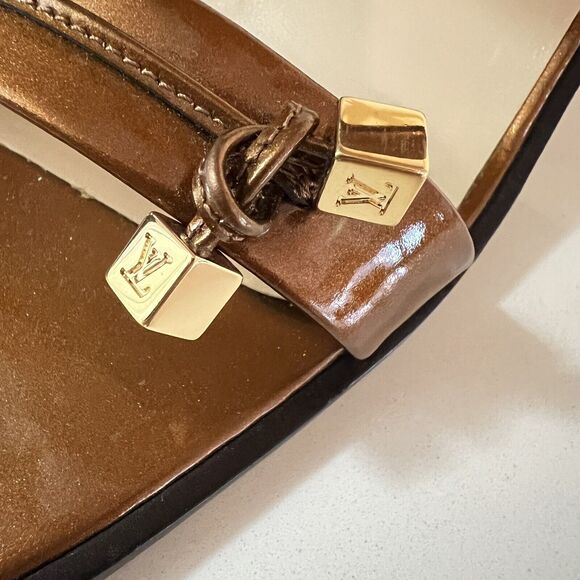 Louis Vuitton Patent Leather Brown Slip On Tassels Sandals Block Heels SZ 36.5 - Picture 6 of 15